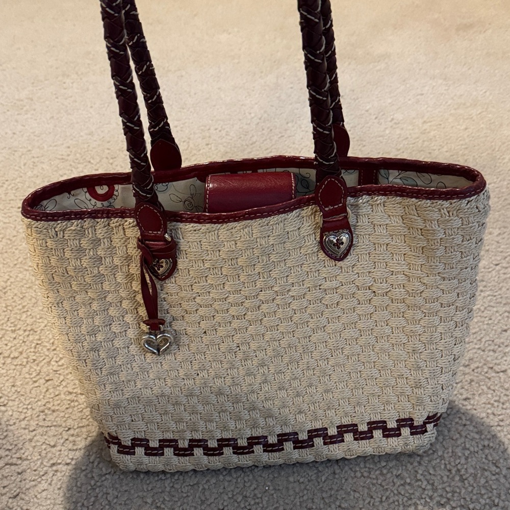 Brighton Cream and Red Woven Tote Bag. Leather straps & silver hardware
